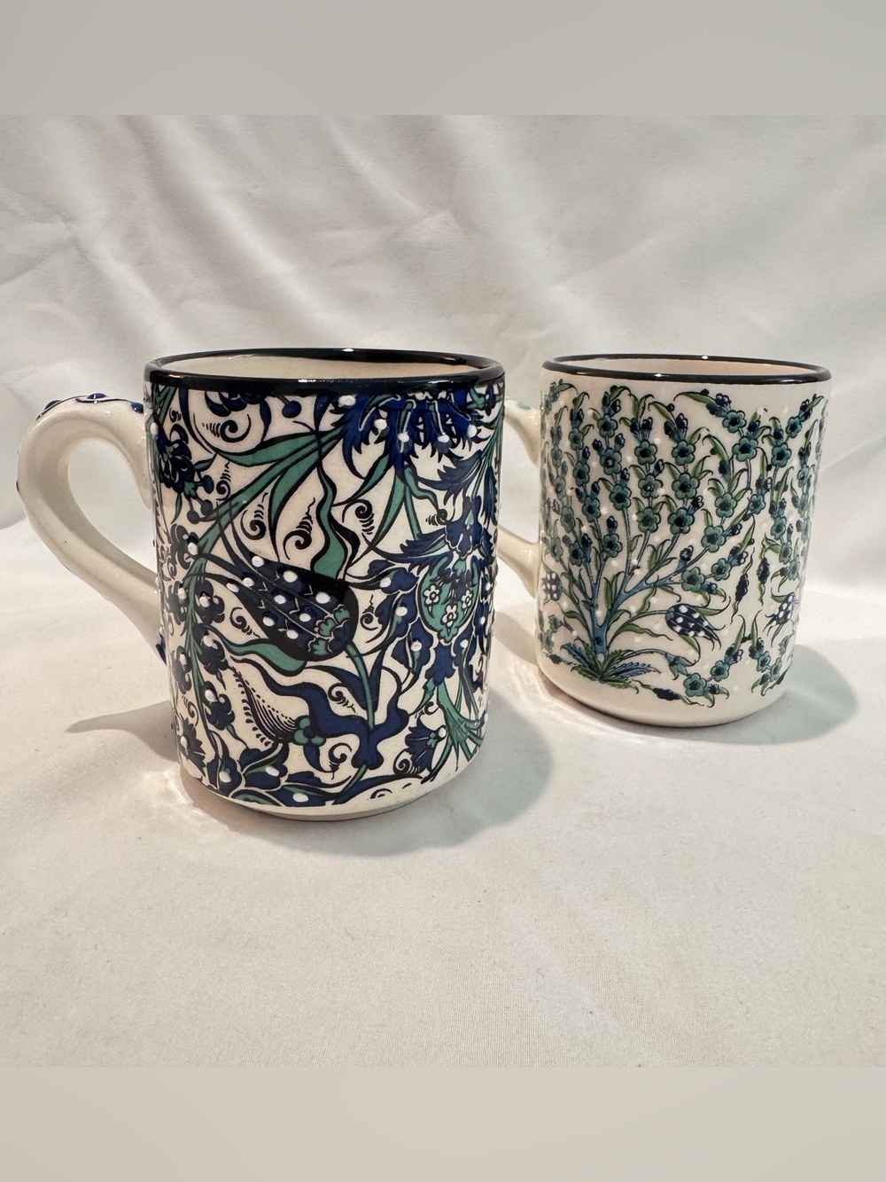 Nakkas Cini Turkish Ceramic Mugs Set of 2 Handpainted Iznik Floral Blue Green